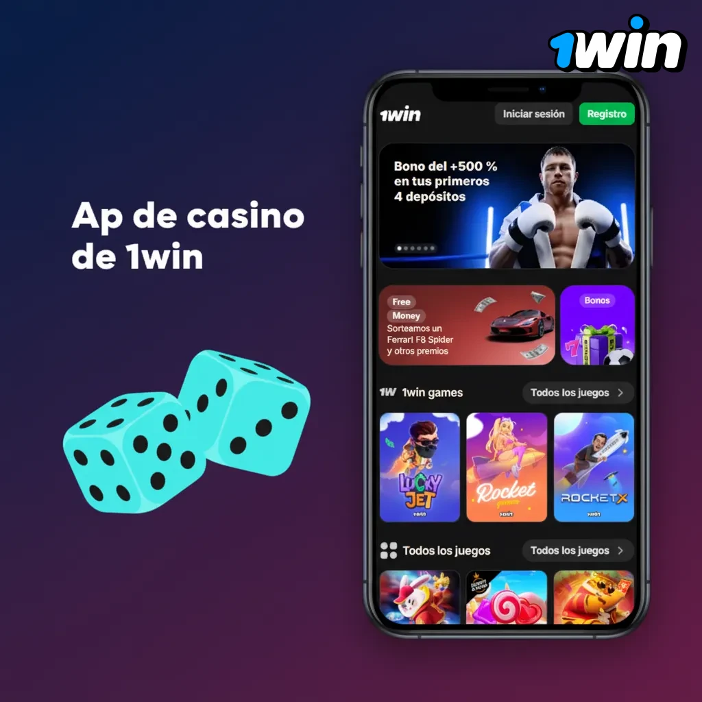 Pantalla de la app de casino 1win con tragamonedas, mesas, casino en vivo y promociones activas