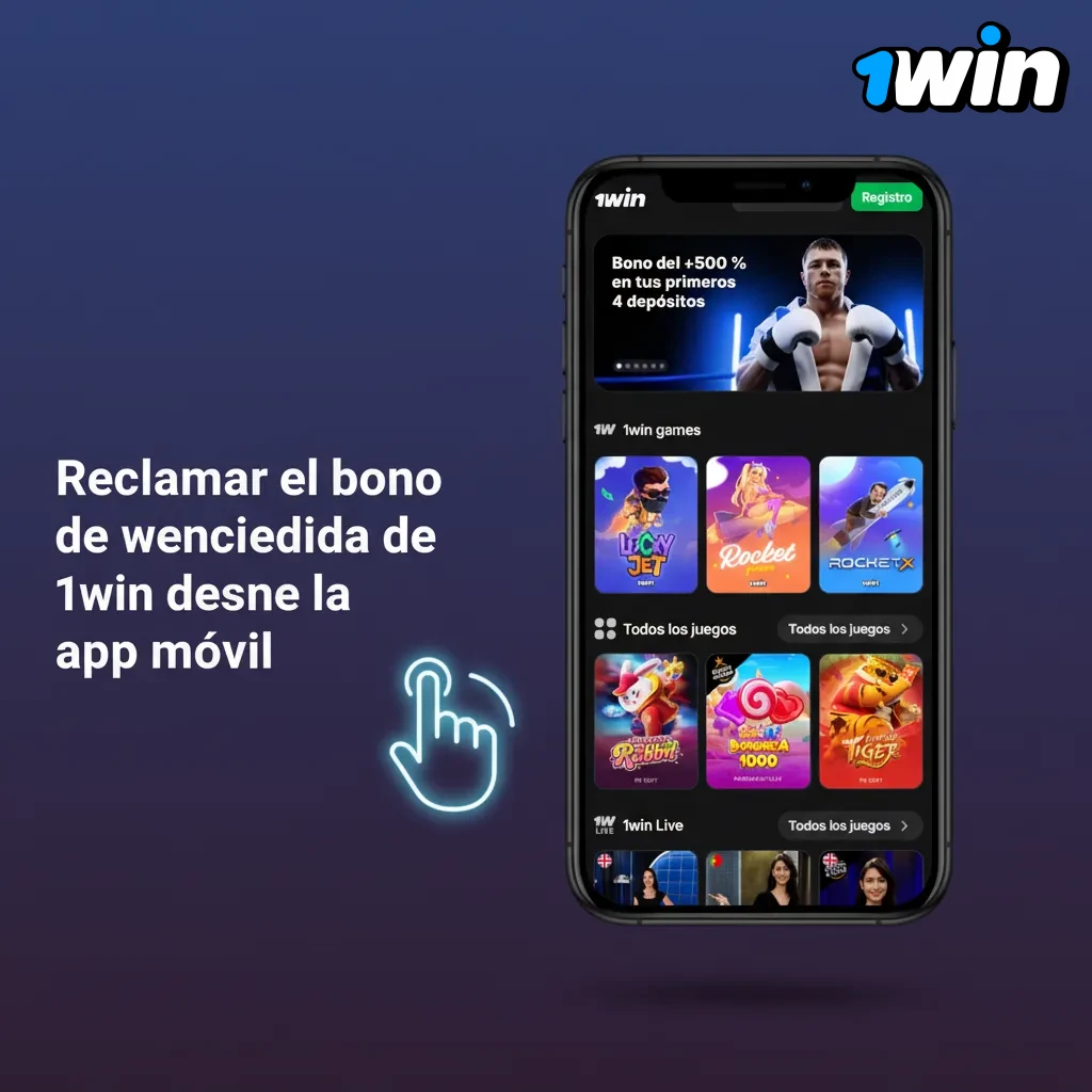 Pantalla de smartphone con la app de 1win mostrando cómo reclamar el bono de bienvenida desde Cajero y Depósito.