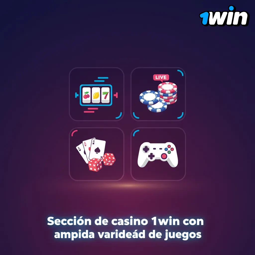 Sección de casino 1win con lobby por categorías, buscador y filtros; slots, ruleta, cartas, crash, instantáneos y video póker