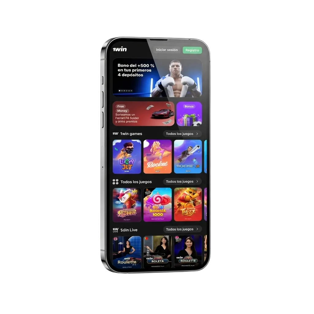 1win mobile app download page showing Android APK and iOS options with casino games and sports betting features